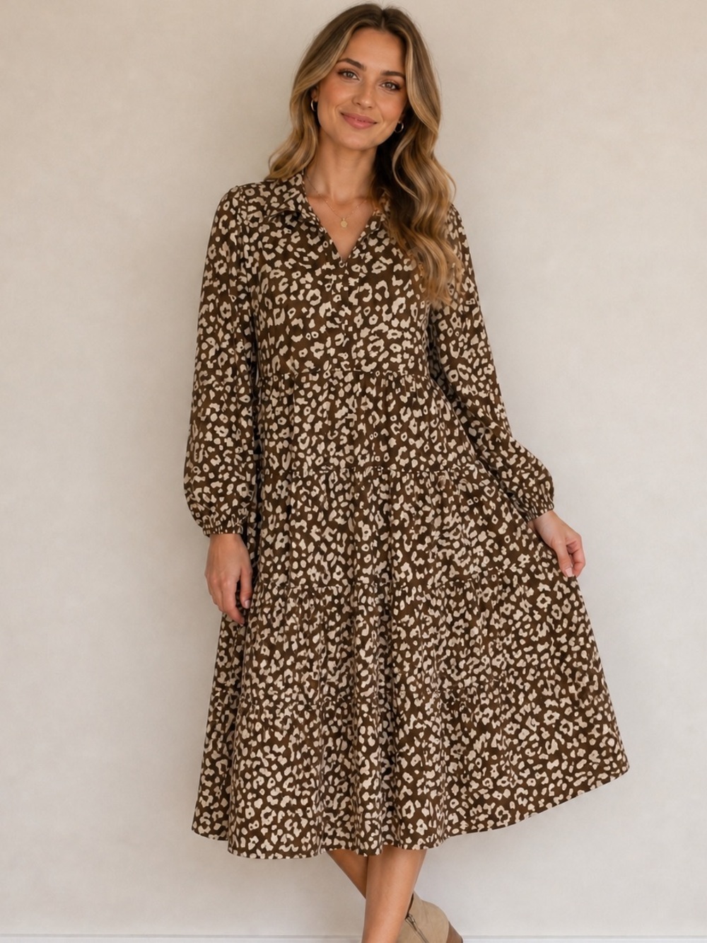 Sage & Fig Brown And Cream Leopard Print Tiered Women's Dress